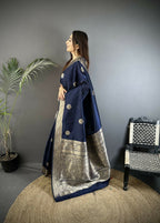 Joban Fashion Navy Blue Floral Jacquard Woven Design Cotton Silk Banarasi Silk Saree | Grocsy
