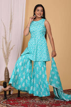 Vamika Women Printed Cotton Sky Blue Party Wear/Casual Wear Kurta Set/Suit | Grocsy