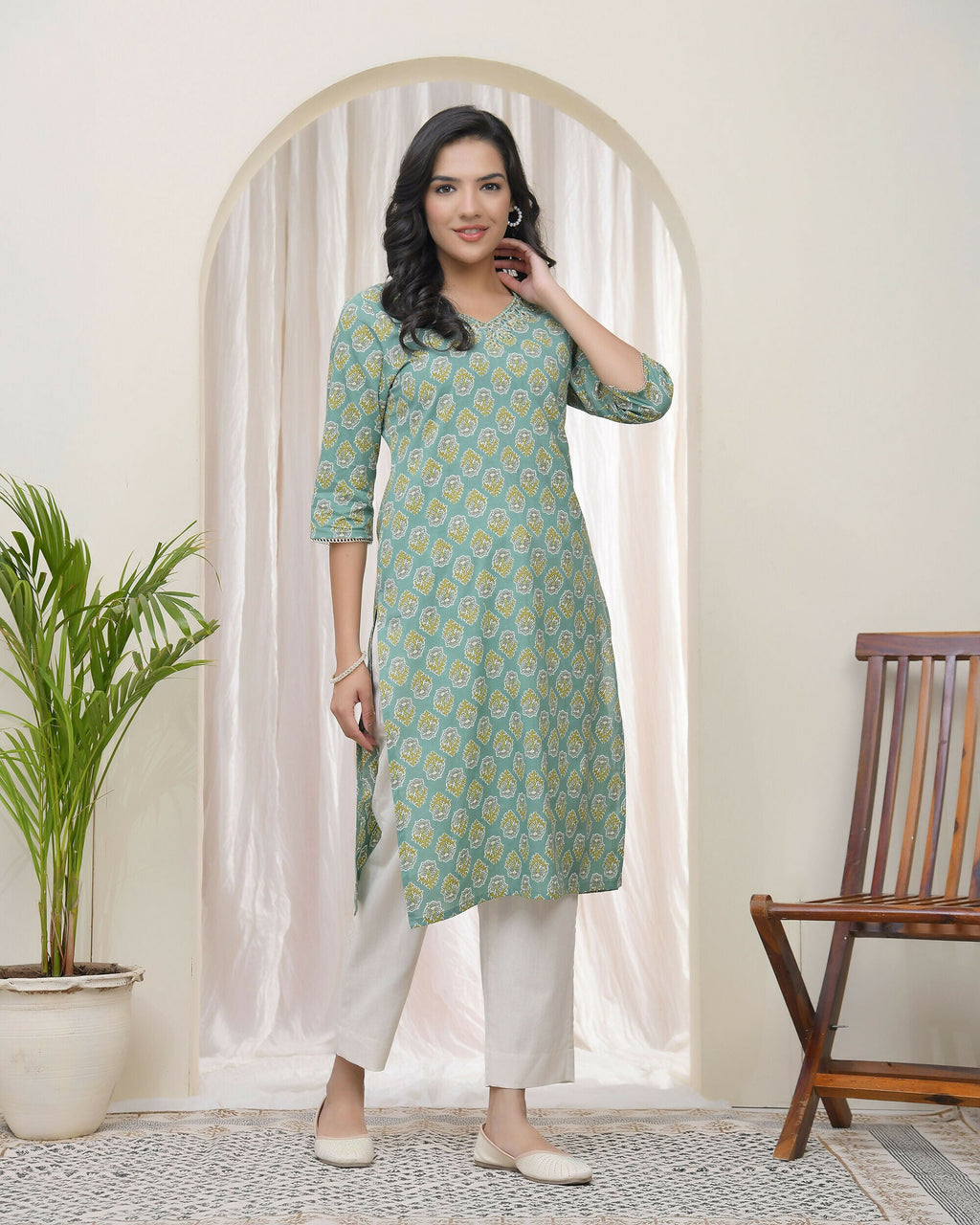 Vaasva Women Aqua Cotton Printed Straight Kurti With Pant | Grocsy