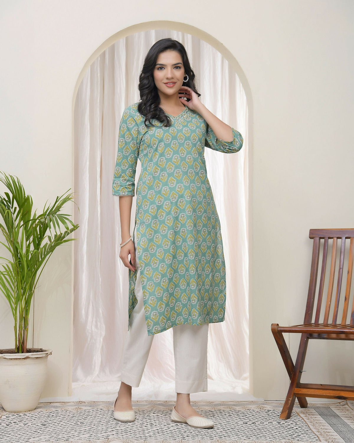 Vaasva Women Aqua Cotton Printed Straight Kurti With Pant | Grocsy