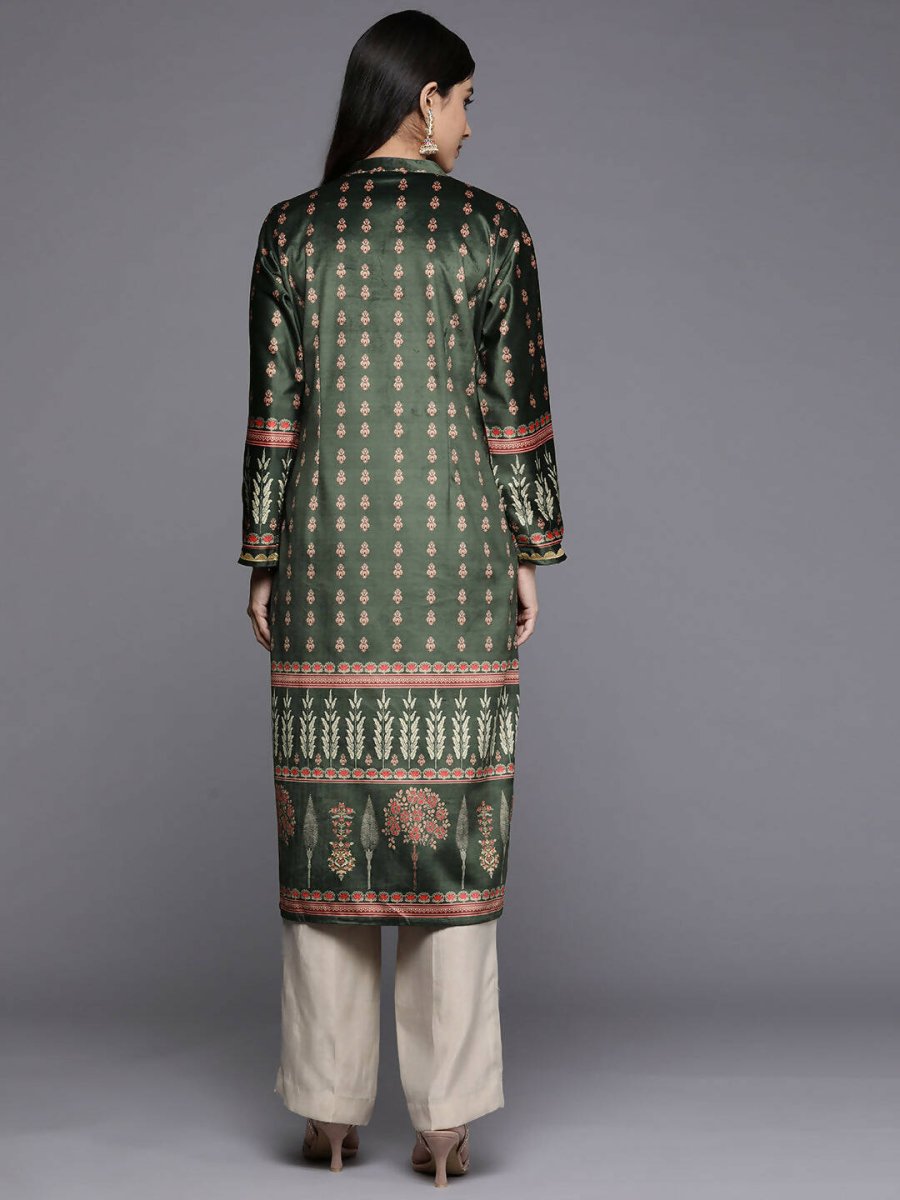 Ahalyaa Women Green & Pink Ethnic Motifs Printed Gotta Patti Velvet Kurta | Grocsy