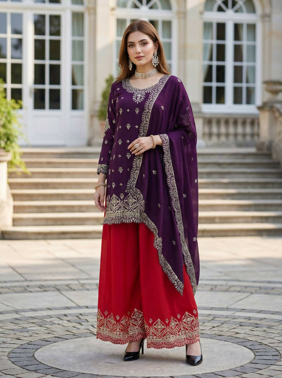 Teeya Creation Wine Chinon Silk Embroidery Work Party Wear Palazzo Pair | Grocsy