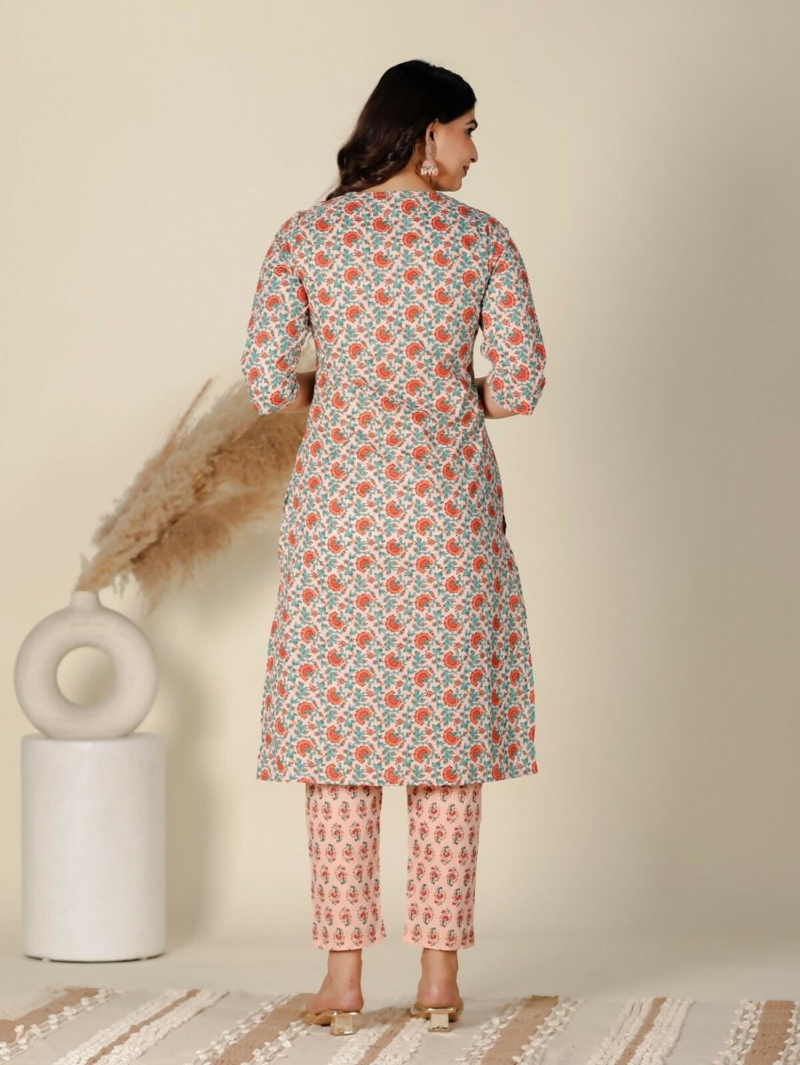 Aramya Orange Soft Cotton Floral Print Straight Kurta Set for Women | Grocsy