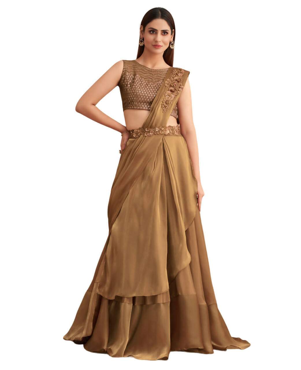 Beige Satin Embroidered Ready To Wear Saree With Unstitched Blouse Piece - Nandika | Grocsy