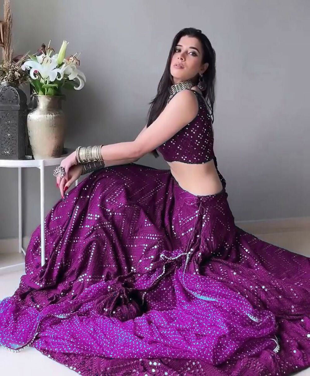 Jyoti Fashion Wine Thread Embroidery Faux Georgette Designer Lehenga Choli with Dupatta | Grocsy