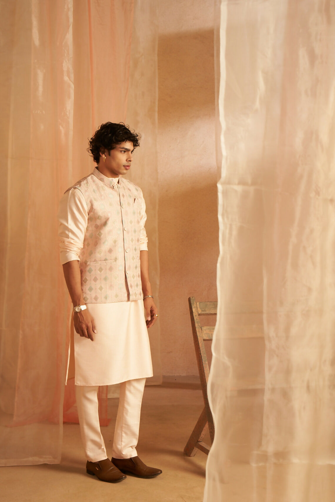 Peach Viscose Designer Printed Men's Kurta Set with Koti - Mahotsav | Grocsy