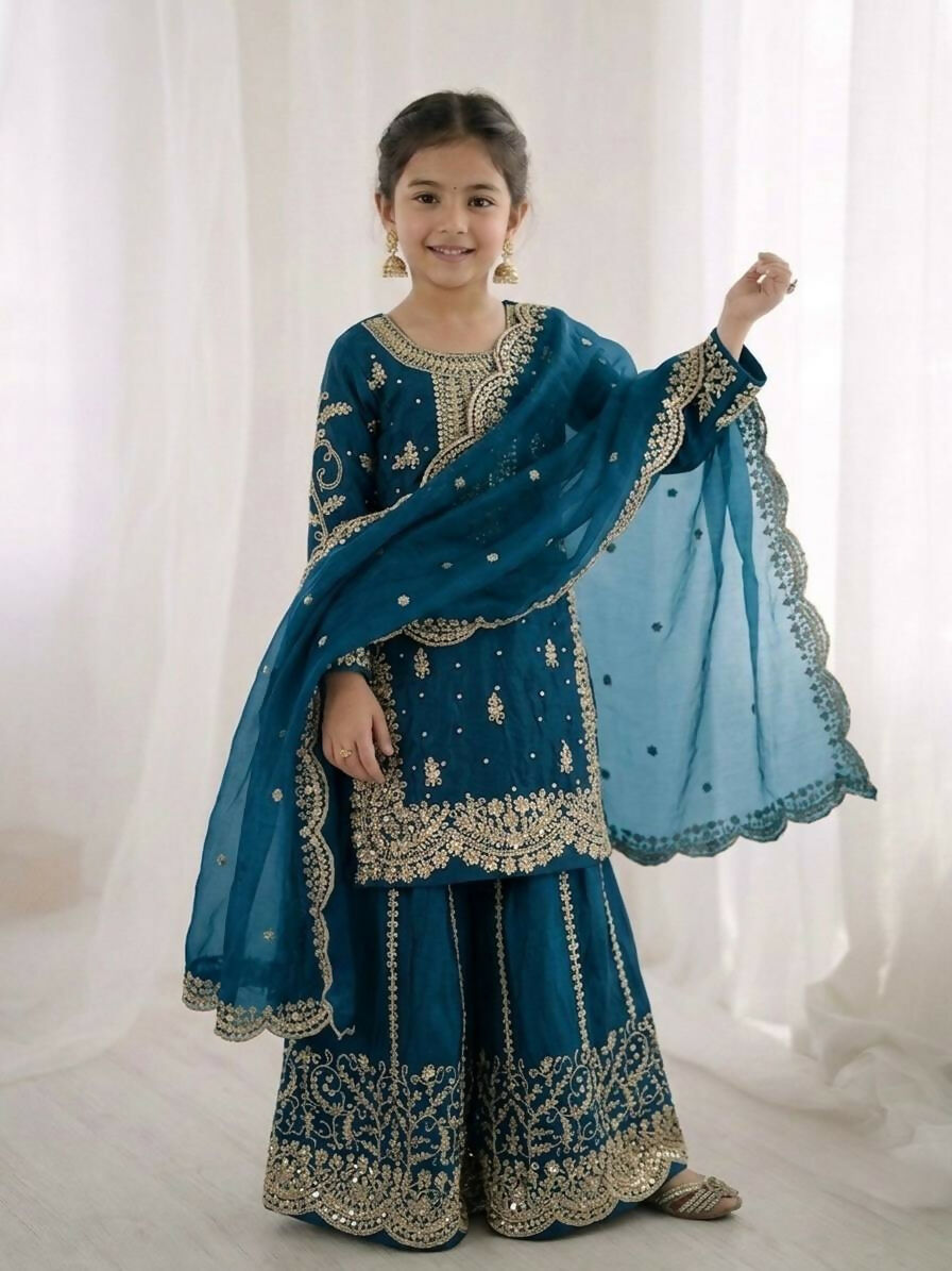 Teeya Creation New Trendy Fully Stitched Ready to Wear Kids Kurta Palazzo Set-Turquoise | Grocsy