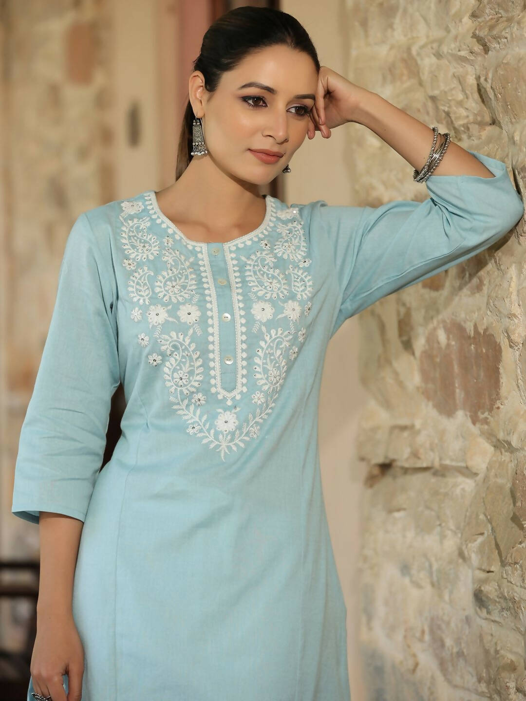 Juniper Women's Blue Cotton Flex Embroidered Straight Kurta | Grocsy