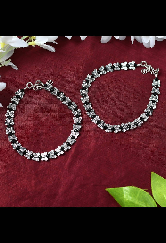 Mominos Fashion Kamal Johar Oxidised Silver Butterfly Anklets | Grocsy