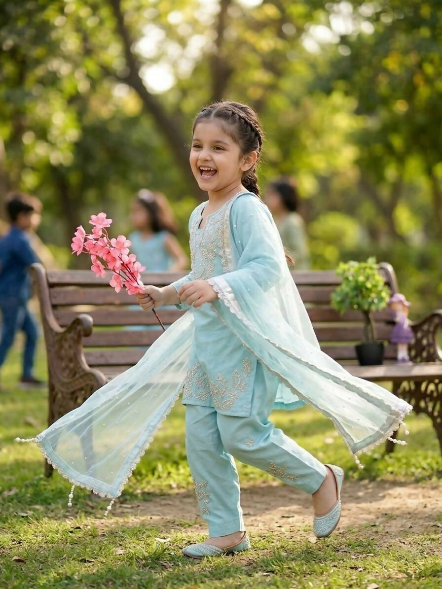 Teeya Creation Womens New Fancy Sky Blue Embroidered Kurta with Salwar & Dupatta Set Palazzo Set | Grocsy