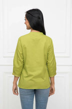 Myshka Women Green Solid Mandarin Collar Regular Sleeves Pure Cotton Top | Grocsy