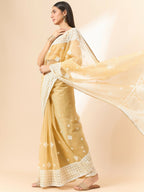 Beige Organza Geometric Embroidered Saree with Unstitched Blouse Piece - Roozal | Grocsy