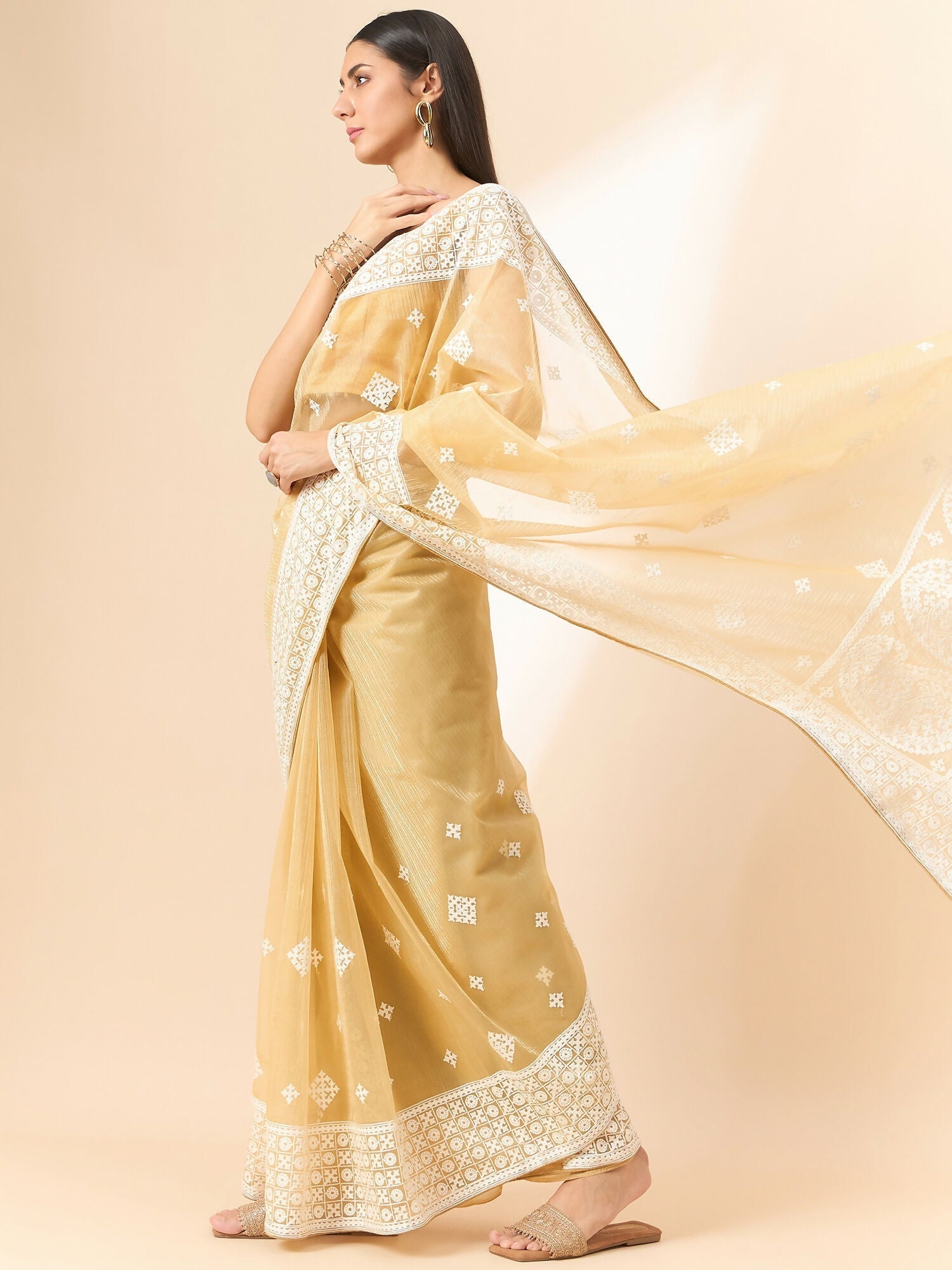 Beige Organza Geometric Embroidered Saree with Unstitched Blouse Piece - Roozal | Grocsy