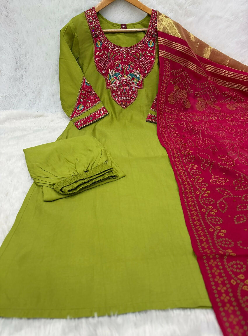 Teeya Creation Women Lime Green Embroidered Straight Kurta With Rani Pink Dupatta And Pant Set | Grocsy