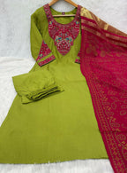Teeya Creation Women Lime Green Embroidered Straight Kurta With Rani Pink Dupatta And Pant Set | Grocsy