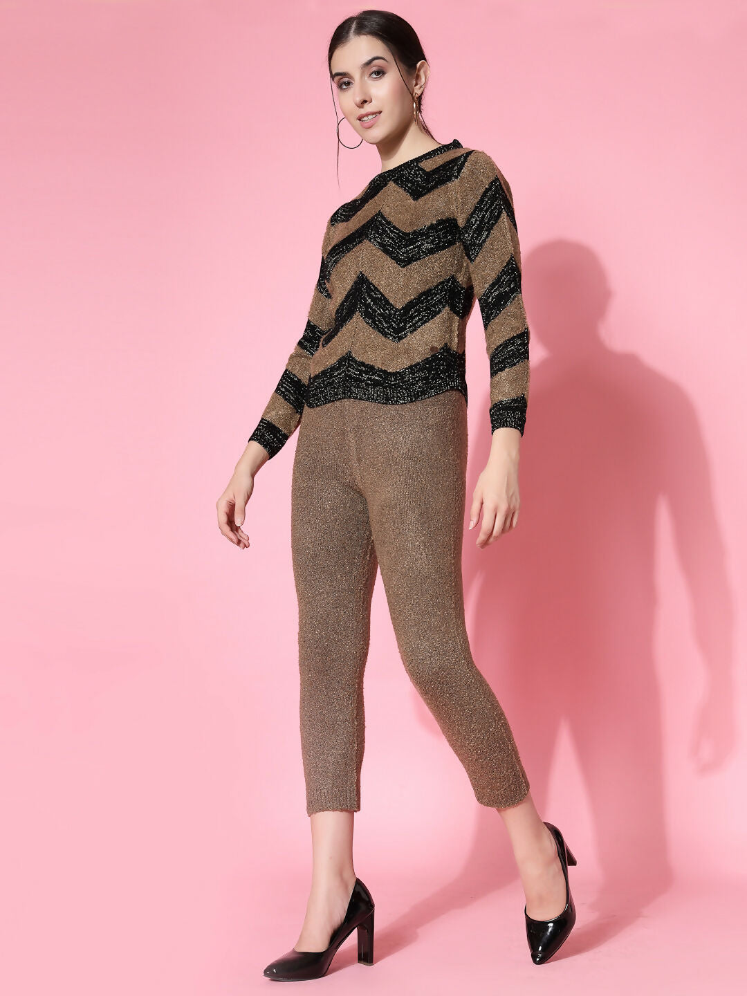 Women Black Acrylic Stripe & Solid Winter Co-Ord Set - Wool Trees | Grocsy