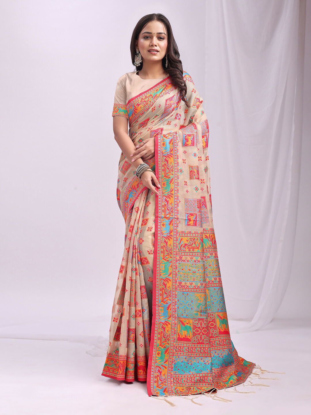 Shree Shyam Fashion Vastraloom Off White Linen Cotton Saree | Grocsy