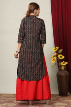 Miravan Women's Black Printed Pure Cotton Kurta With Skirt | Grocsy