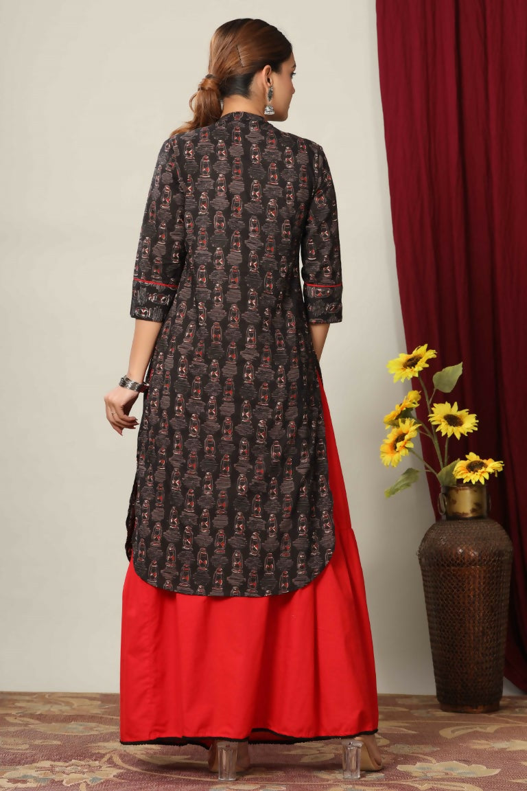 Miravan Women's Black Printed Pure Cotton Kurta With Skirt | Grocsy