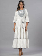 Juniper Women Off-White Cotton Dobby Embroidered Tiered Maxi Dress | Grocsy