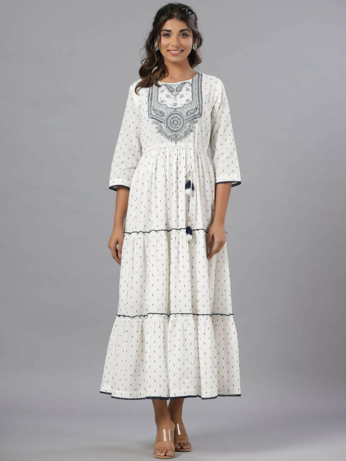 Juniper Women Off-White Cotton Dobby Embroidered Tiered Maxi Dress | Grocsy