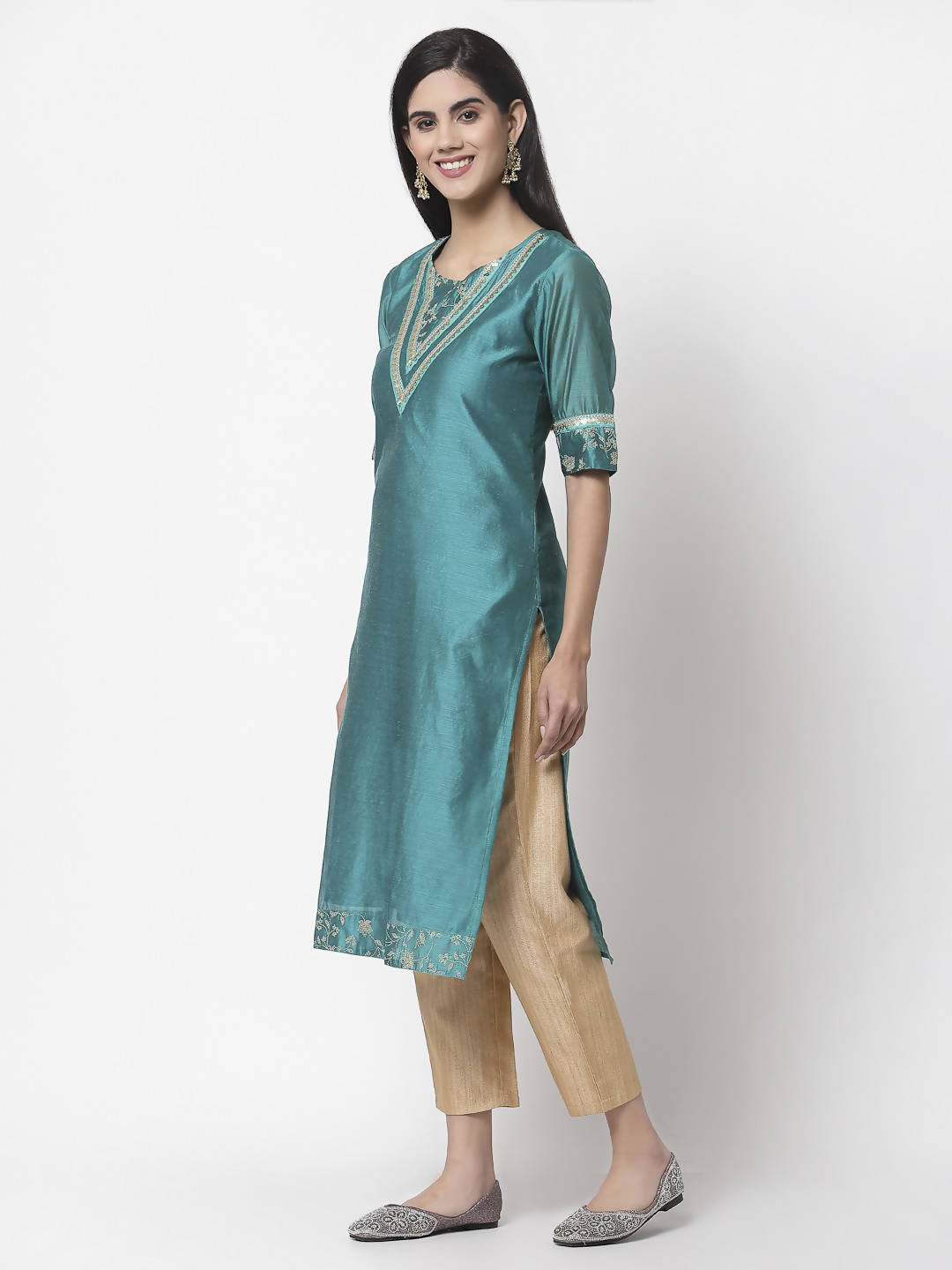 Myshka Women Teal Chanderi Solid Half Sleeve Round Neck Kurta | Grocsy