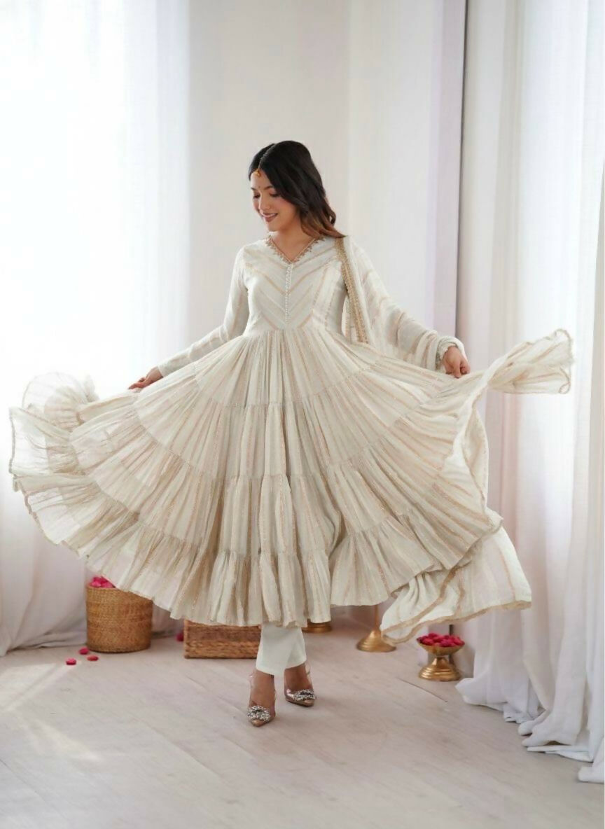 Teeya Creation White Color Mal Chanderi Silk Hand Embroidery Work Long Gown | Grocsy