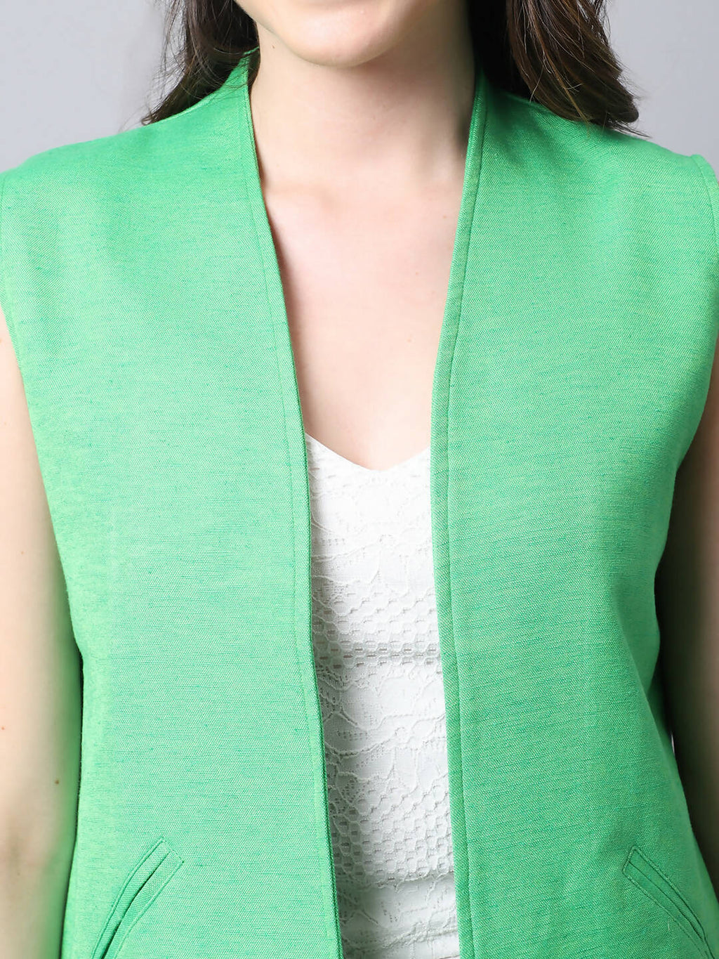Even Apparels Green Polyblend Open Front Women's Waistcoat | Grocsy