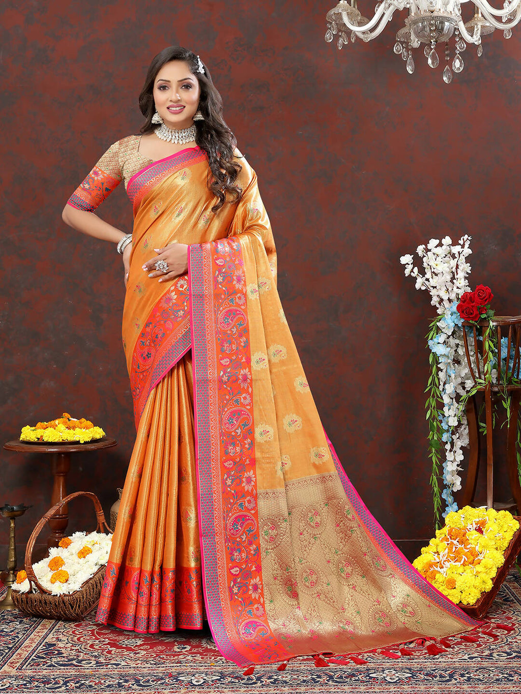 Lorenvalley Fashion Orange Kanjivaram Silk Woven Design with Zari Weaving Saree | Grocsy