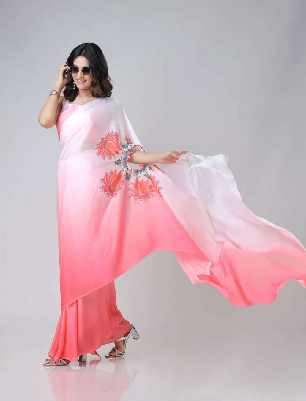 Vastranavya Blush Pink Freehand Floral Print Ready to Wear Saree | Grocsy