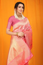 Jyoti Fashion Women's Pink Kanjivaram Silk Zari Woven Saree with Blouse | Grocsy