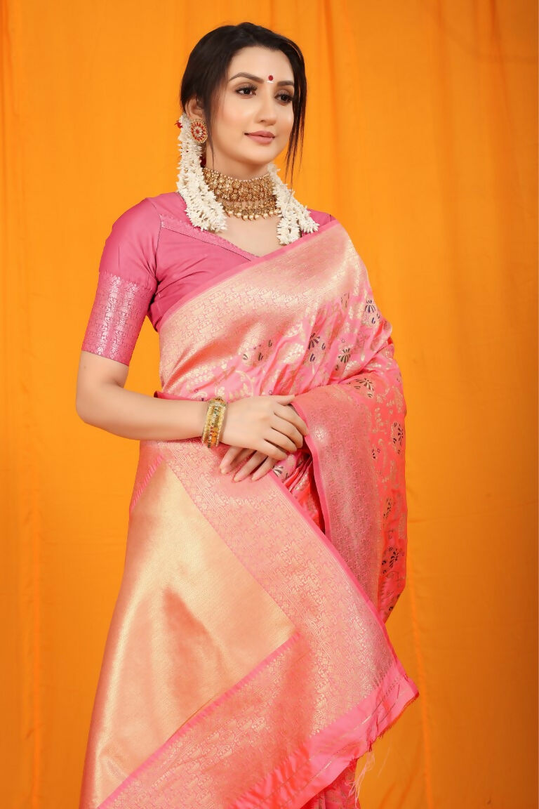 Jyoti Fashion Women's Pink Kanjivaram Silk Zari Woven Saree with Blouse | Grocsy