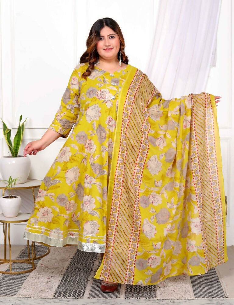 Miravan Women's Plus Size Cotton Gota Patti And Lace Border Details Floral Printed Yellow Anarkali Kurta And Dupatta Set | Grocsy