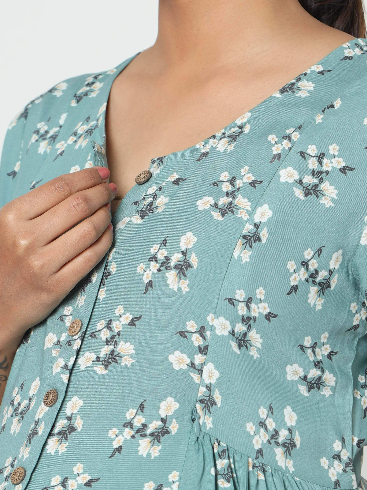 Manet Short Sleeves Maternity Dress Floral Print With Concealed Zipper Nursing Access - Green | Grocsy