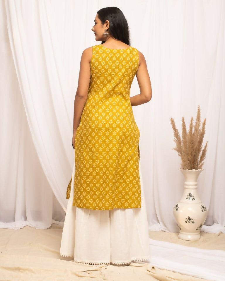 FIORRA Women's Floral Printed Yellow Cotton Straight Kurta | Grocsy