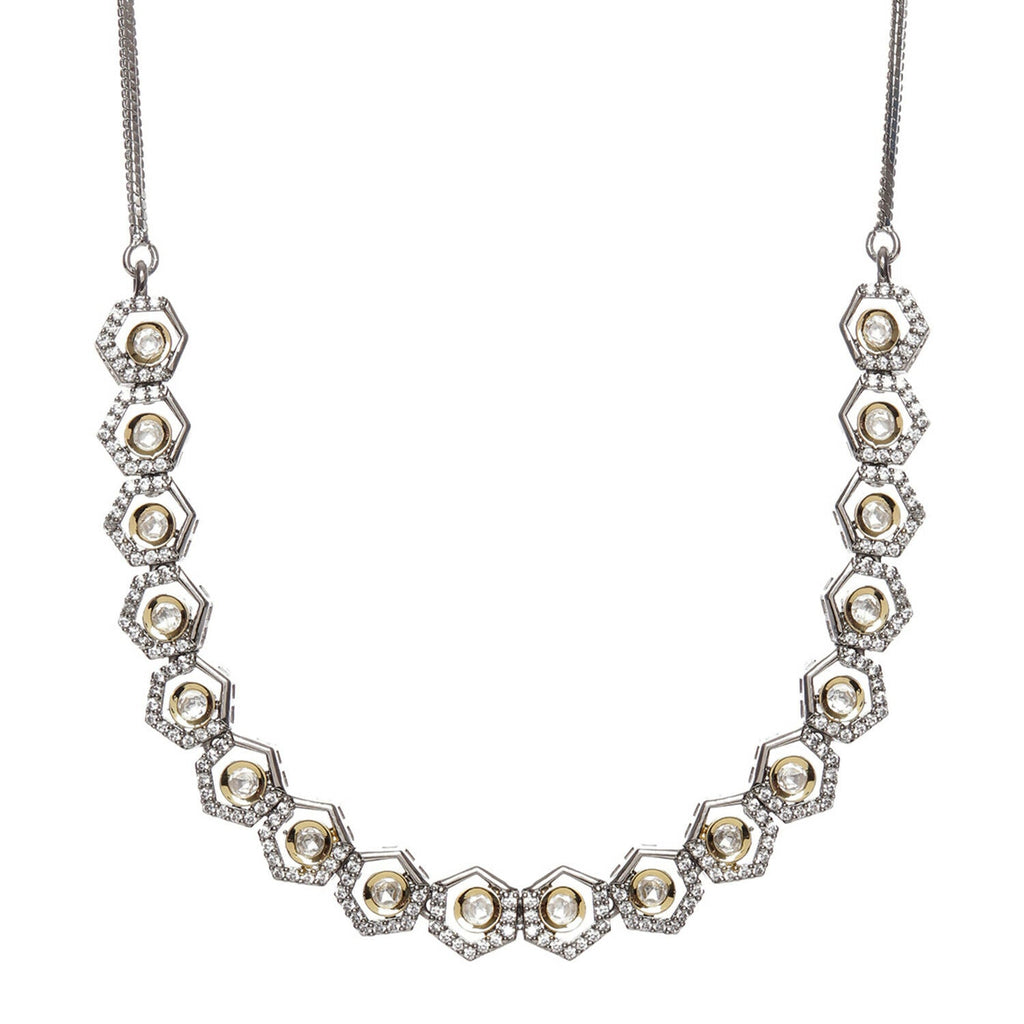 Dual Tone Gold and Silver Choker with American Diamonds and Kundan (Silver) - Ruby Raang | Grocsy