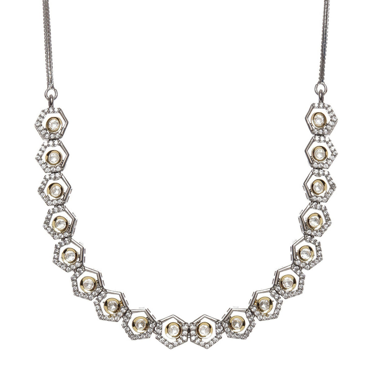 Dual Tone Gold and Silver Choker with American Diamonds and Kundan (Silver) - Ruby Raang | Grocsy