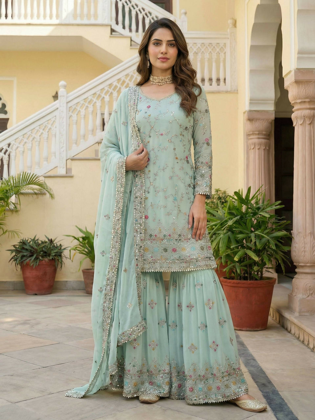 Teeya Creation Sky Faux Georgette Multi Thread Work Wedding Wear Sharara Set | Grocsy