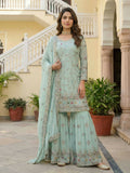Teeya Creation Sky Faux Georgette Multi Thread Work Wedding Wear Sharara Set | Grocsy