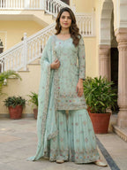 Teeya Creation Sky Faux Georgette Multi Thread Work Wedding Wear Sharara Set | Grocsy
