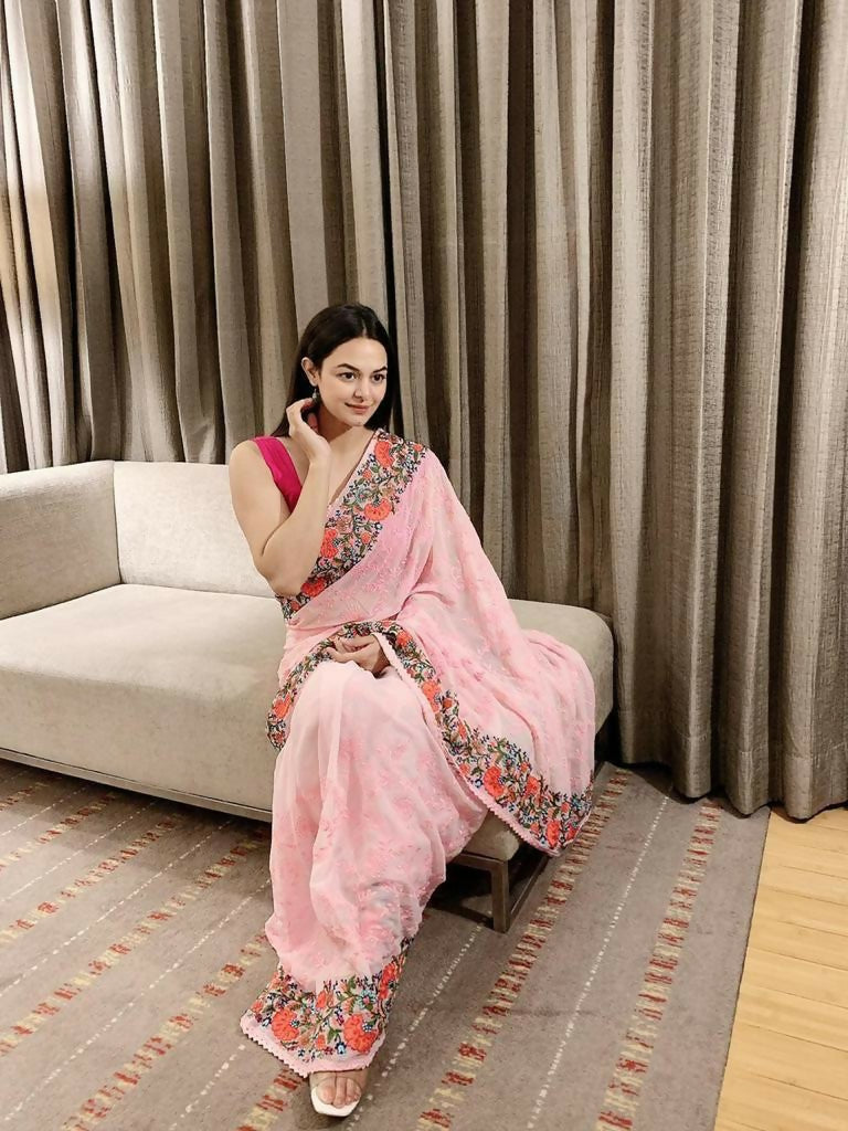Vamsee Sandhya Pink Georgette Saree | Grocsy