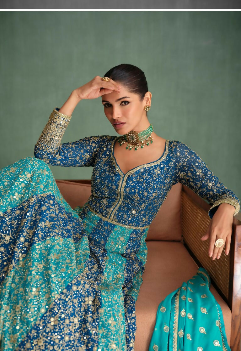 Vastranavya Blue Embroidered Sequence Work With swarovski Diamond Anarkali Salwar Suit Set | Grocsy