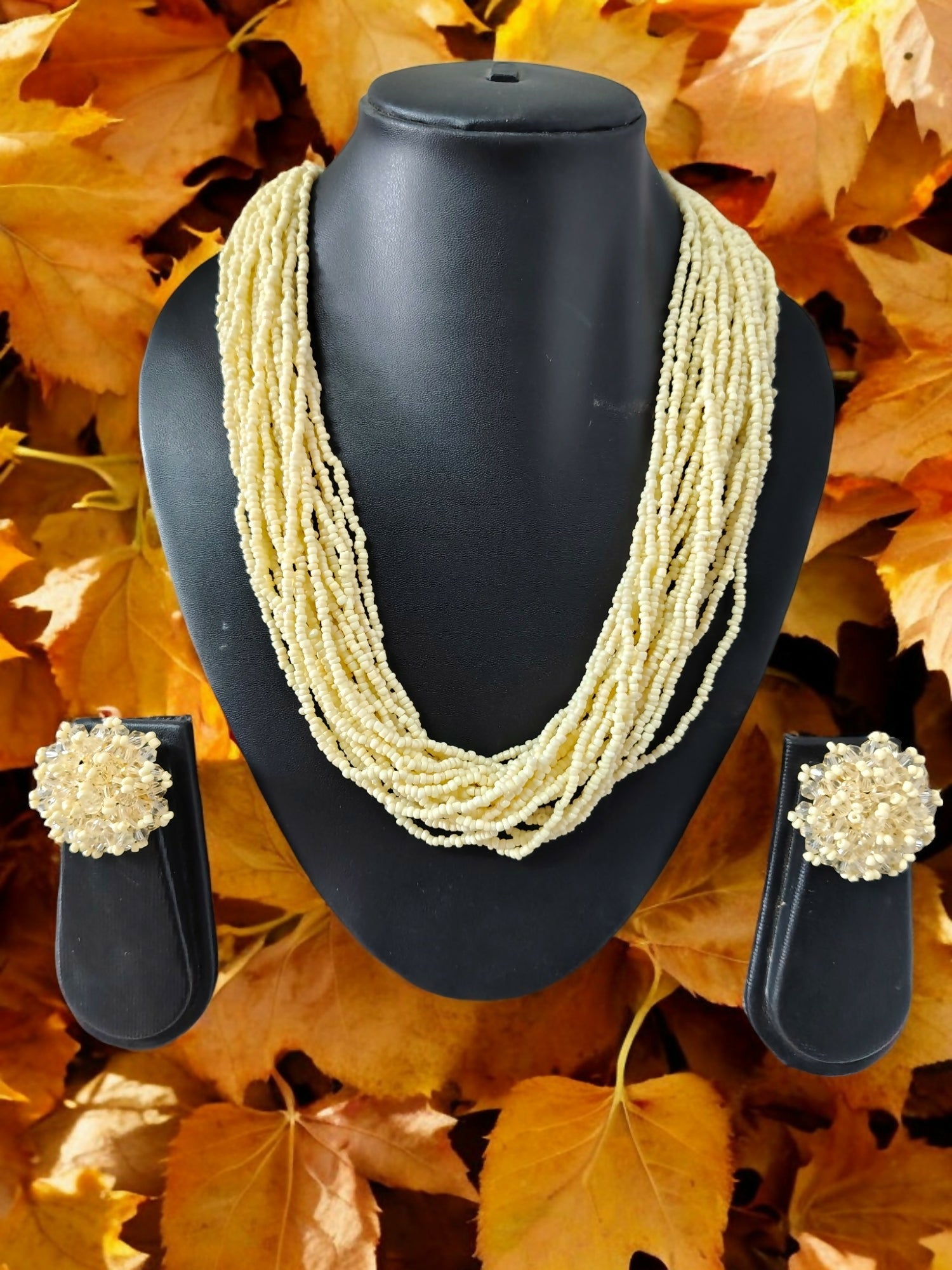 Inhanns Vibrant Handmade 20 Layers Beaded Necklace With Matching Earrings - Cream | Grocsy