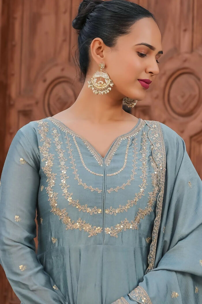 The52 Teal Blue Women's Gorgeous Vichitra Silk Fabric Embroidered Work Flared Anarkali Pant and Dupatta Set | Grocsy