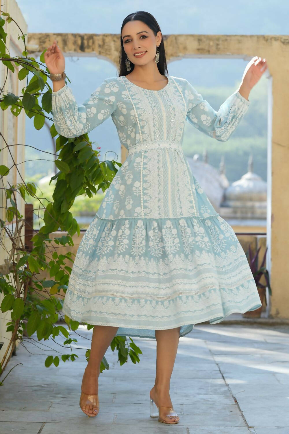Juniper Women's Sky Blue Printed Flared Dress | Grocsy
