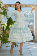 Juniper Women's Sky Blue Printed Flared Dress | Grocsy