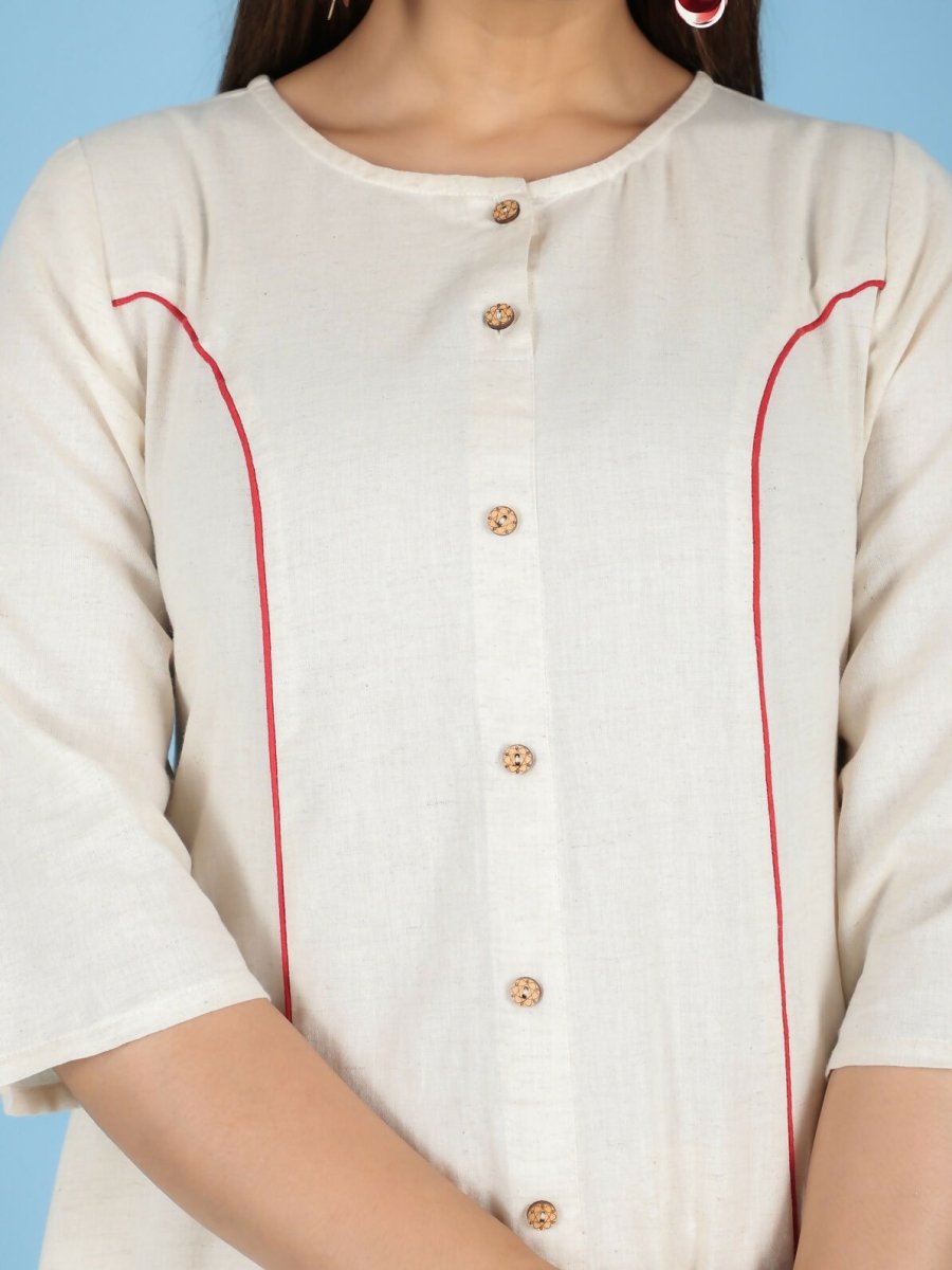 Aramya Cream Linen Cotton Solid A-line Kurta for Women | Grocsy