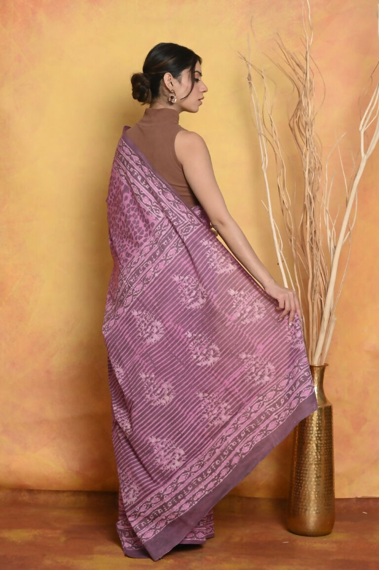Very Much Indian Handblock Printed Cotton Saree With Natural Dyes - Pink | Grocsy
