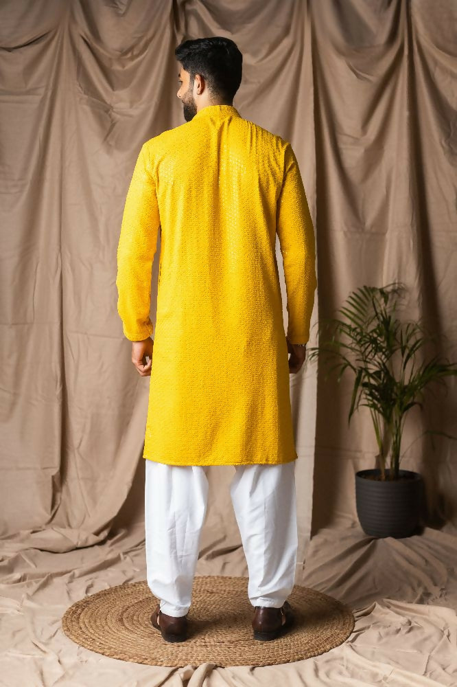 Light Yellow Rayon Thread Embroidery Work Kurta Set - Mahotsav | Grocsy