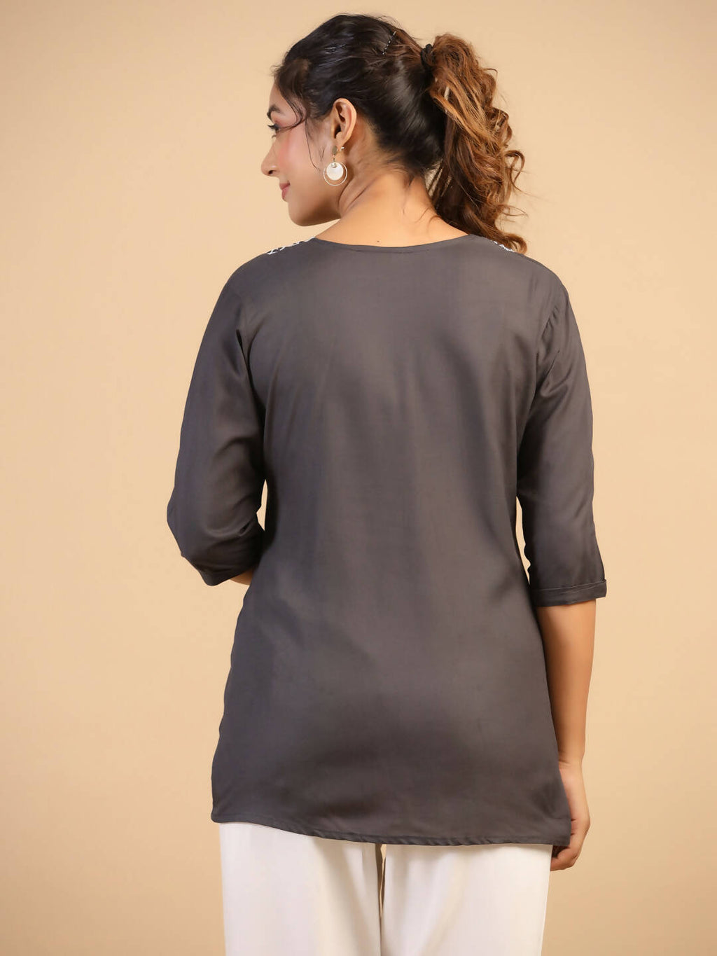 Womens Grey Rayon Yoke Embroidered Top - Keeva | Grocsy